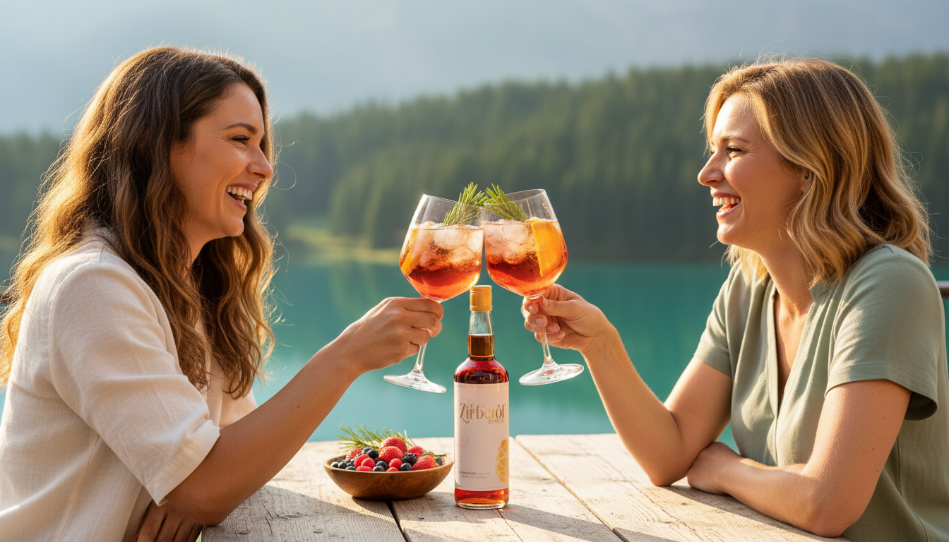 Zwei Freundinnen stoßen auf einer Almhütten-Terrasse mit Zirberol Sprizz an, Blick auf den Bergsee